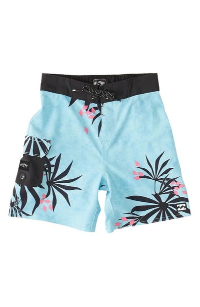 Shop Billabong Kids' Sunday Pro Tropical Print Swim Trunks In Neon Blue