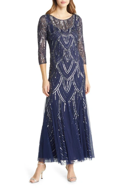 Shop Pisarro Nights Beaded Illusion Neck Gown In Navy