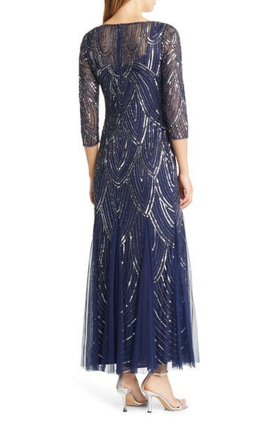 Pisarro Nights Beaded Illusion Neck Gown In Navy