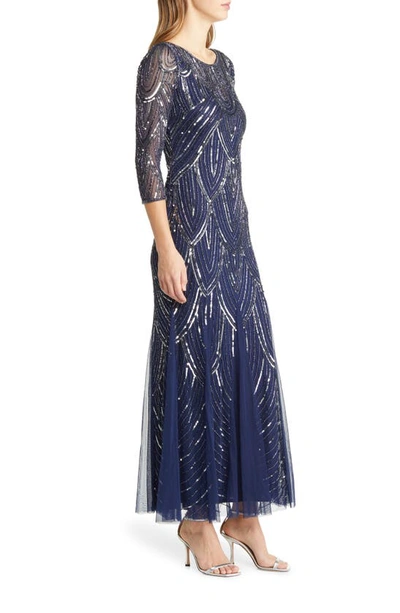 Shop Pisarro Nights Beaded Illusion Neck Gown In Navy