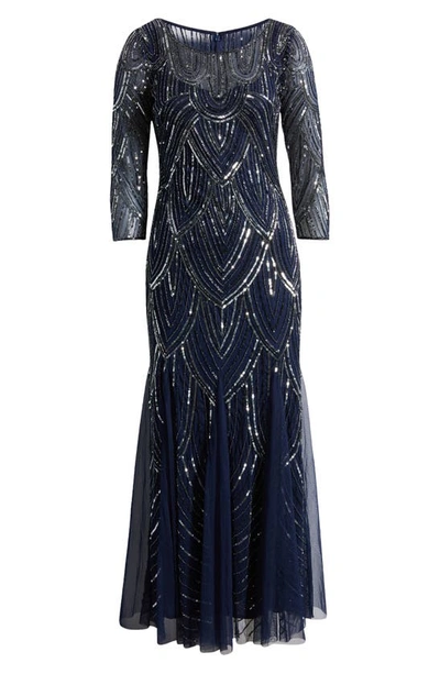 Shop Pisarro Nights Beaded Illusion Neck Gown In Navy