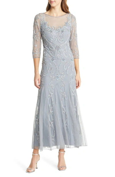 Shop Pisarro Nights Beaded Illusion Neck Gown In Sea Blue