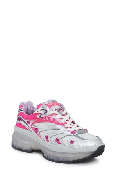 Shop Valentino Ms-2960 Rockstud Sneaker In 7ax Fuxia Fl-lilac-b/ Sil