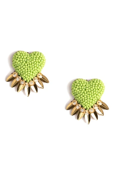 Shop Deepa Gurnani Danika Beaded Fringe Heart Stud Earrings In Lime