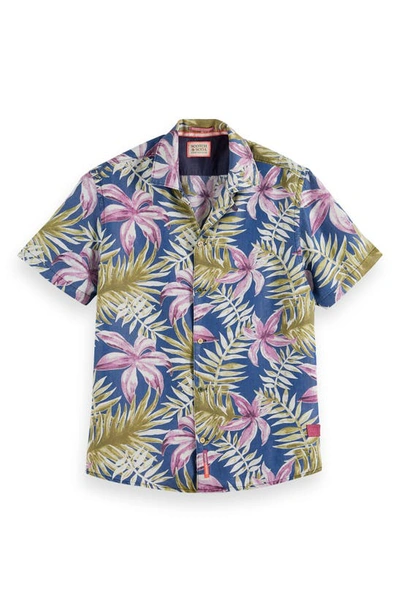 Shop Scotch & Soda Regular Fit Orchid Print Short Sleeve Button-up Shirt In Blue Combo