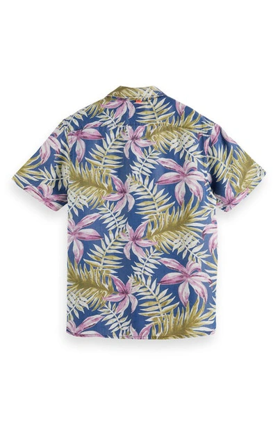 Shop Scotch & Soda Regular Fit Orchid Print Short Sleeve Button-up Shirt In Blue Combo