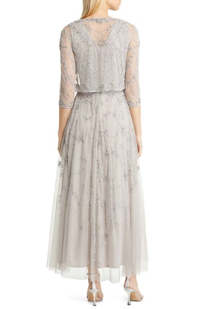 Pisarro Nights Beaded Mesh Gown With Jacket In Silver