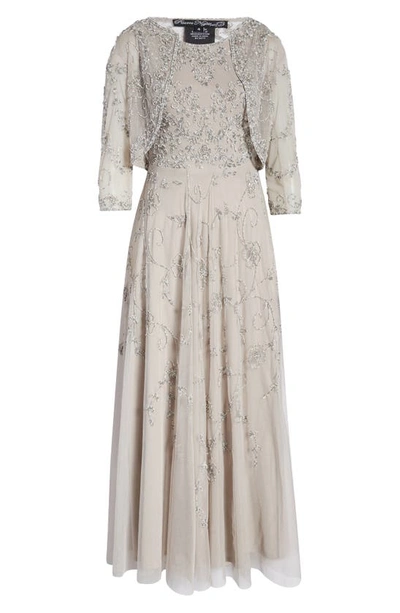 Pisarro Nights Beaded Mesh Gown With Jacket In Silver