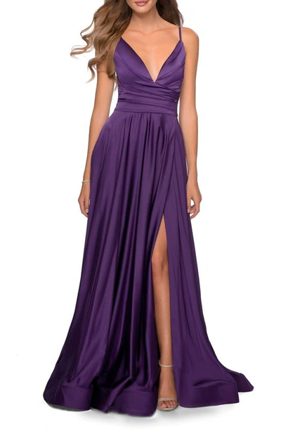 Shop La Femme Strappy Back Satin Ballgown In Royal Purple