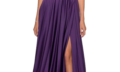 Shop La Femme Strappy Back Satin Ballgown In Royal Purple