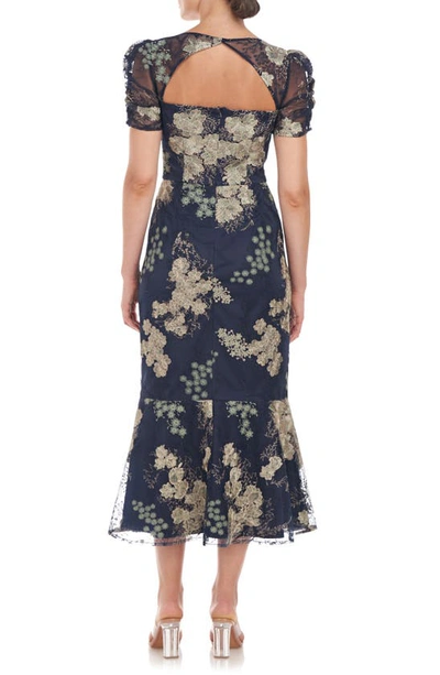 Shop Js Collections Hope Floral Embroidered Cocktail Dress In Navy/ Jade