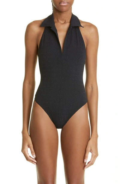 Shop Lisa Marie Fernandez Polo One-piece Swimsuit In Black Seersucker