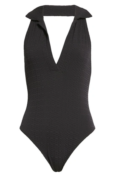 Shop Lisa Marie Fernandez Polo One-piece Swimsuit In Black Seersucker