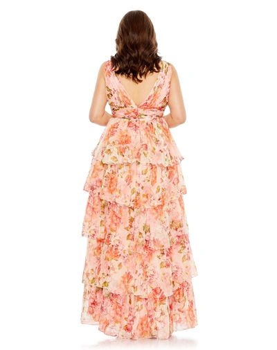 Shop Mac Duggal Floral Print Tiered V-neckline Gown (plus) In Pink Multi