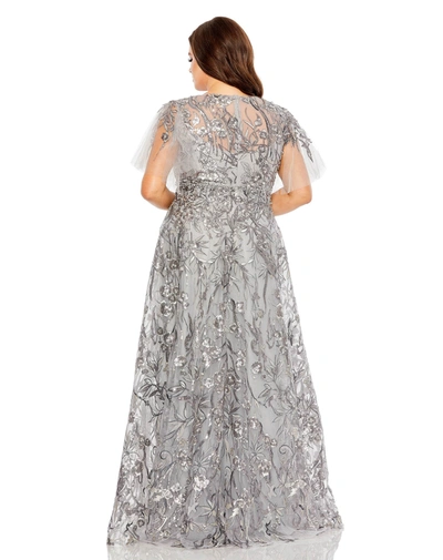 Shop Mac Duggal High Neck Flutter Sleeve Embellished A-line Gown In Platinum