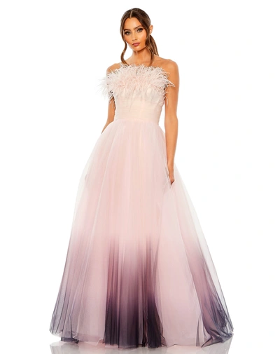 Shop Mac Duggal Strapless Feather Bodice Tulle Gown In Pink Ombre