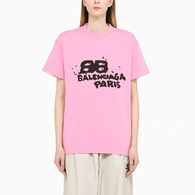 Shop Balenciaga Hand Drawn Bb Icon Fuchsia/black T-shirt In Pink