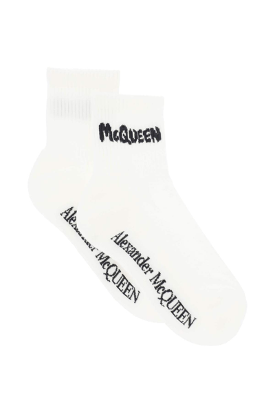 Shop Alexander Mcqueen Mcqueen Graffiti Sports Socks In Black