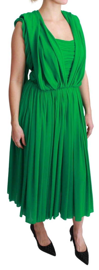 Shop Dolce & Gabbana 100% Silk Green Sleeveless Pleated Maxi Dress