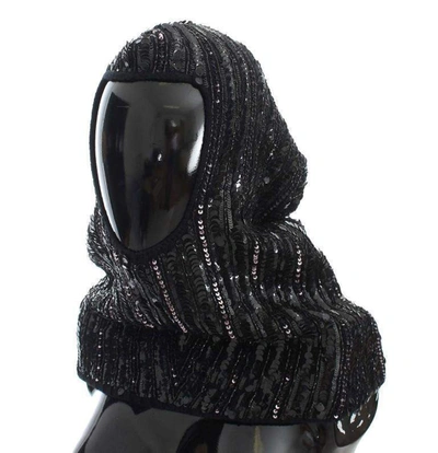 Shop Dolce & Gabbana Black Knitted Sequin Hood Scarf Hat
