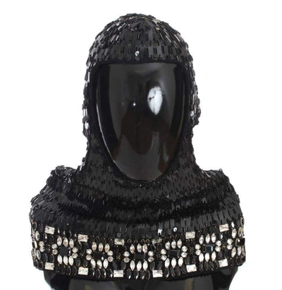 Shop Dolce & Gabbana Black Knitted Wool Crystal Beaded Hood Scarf Hat