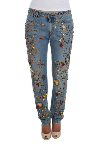 Shop Dolce & Gabbana Crystal Roses Heart Embellished Jeans In Blue