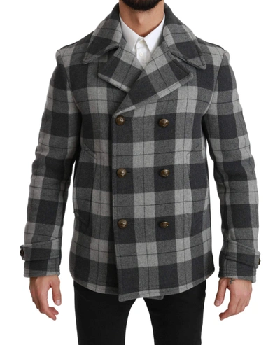 Shop Dolce & Gabbana Gray Check Wool Cashmere Coat Jacket