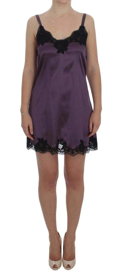 Shop Dolce & Gabbana Purple Silk Black Lace Lingerie Dress