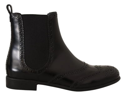 Shop Dolce & Gabbana Black Leather Ankle High Flat Boots Shoes