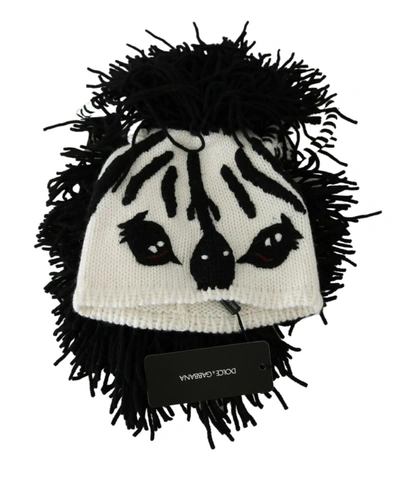 Shop Dolce & Gabbana Black White Knitted Cashmere Animal Design Hat