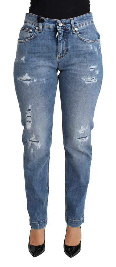 Shop Dolce & Gabbana Blue Tattered Skinny Denim Cotton Blend Jeans