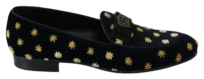 Shop Dolce & Gabbana Blue Velvet Crown Slippers Loafers Shoes In Black