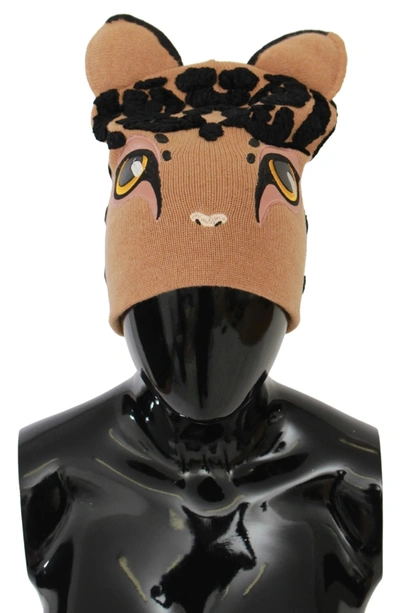 Shop Dolce & Gabbana Brown Cats Eye Embroidered Beanie Cashmere Hat