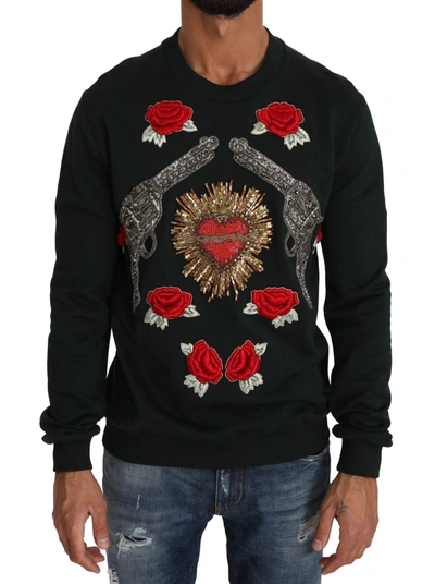 Shop Dolce & Gabbana Green Crystal Heart Roses Gun Sweater
