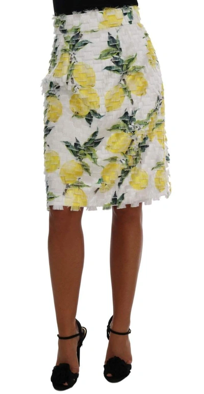 Shop Dolce & Gabbana Lemon Print Fringe Pencil Skirt In Multicolor