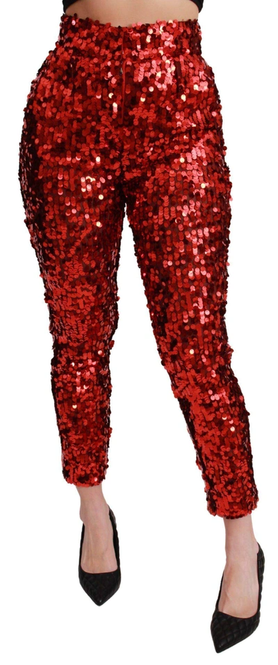 Shop Dolce & Gabbana Red Sequined Cropped Trousers Pants