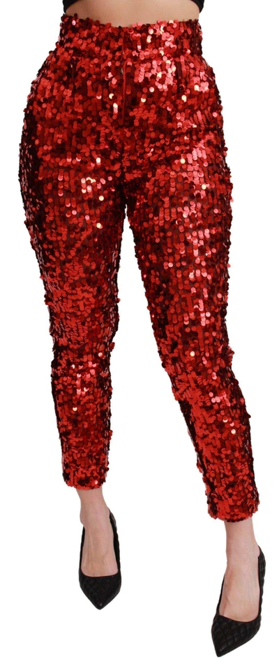 Dolce & Gabbana Red Sequined Cropped Trousers Pants In Red