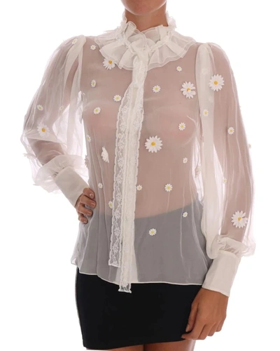 Shop Dolce & Gabbana White Daisy Applique Silk Shirt