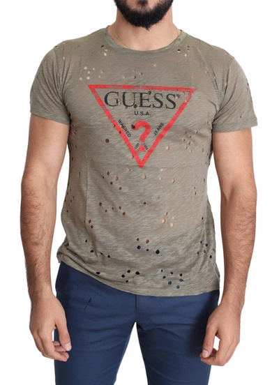 Shop Guess Brown Cotton Stretch Logo Print Men Casual Perforated T-shirt