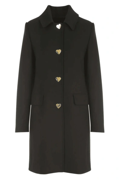 Shop Love Moschino Wool Heart Button Closure  Jackets & Coat In Black