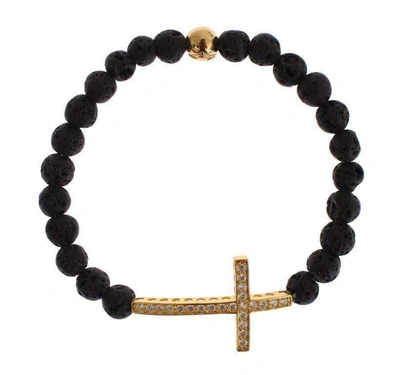 Shop Nialaya Lava Stone Gold Clear Cz Cross 925 Silver Bracelet In Black