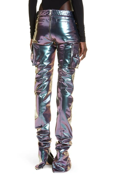 Shop Laquan Smith Iridescent Violet Quilted Detail Moto Faux Leather Pants