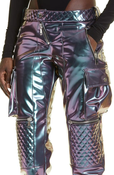 Shop Laquan Smith Iridescent Violet Quilted Detail Moto Faux Leather Pants
