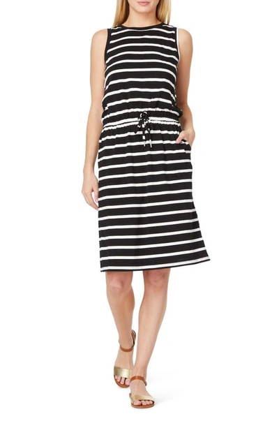 Shop C&c California Ira Sleeveless Cotton Blend Drawstring Belt Dress In Black/white