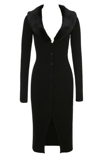 House Of Cb Faux Fur Trim Long Sleeve Rib Dress In Black