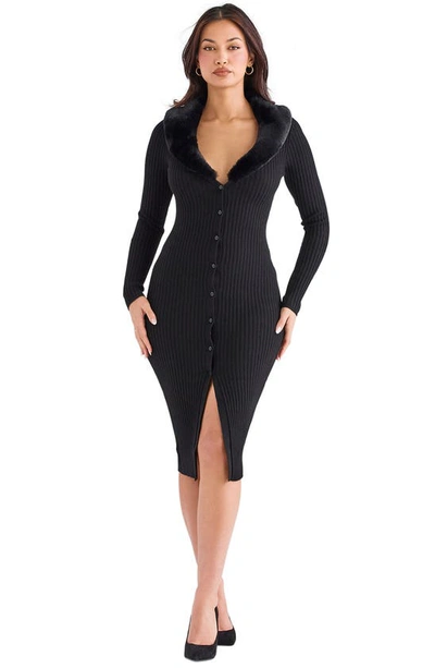 House Of Cb Faux Fur Trim Long Sleeve Rib Dress In Black