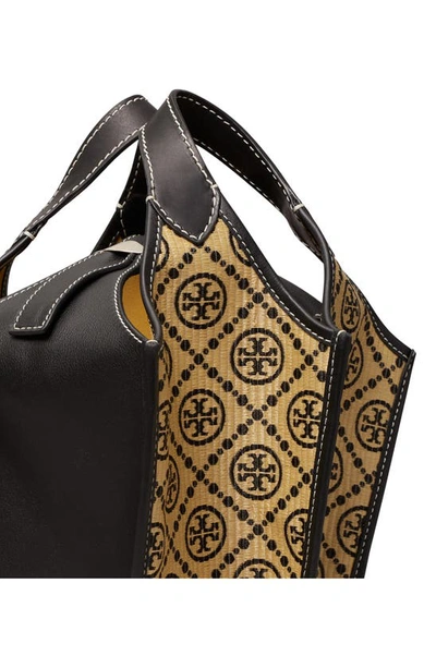 Shop Tory Burch T Monogram Raffia Top Handle Bag In Midnight / Black