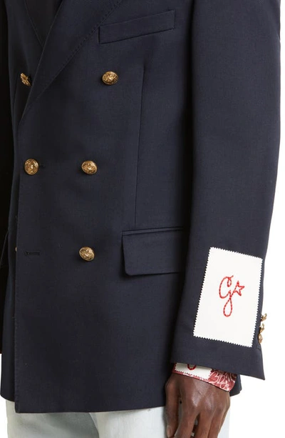 Shop Golden Goose Crest Button Double Breasted Gabardine Blazer In Navy