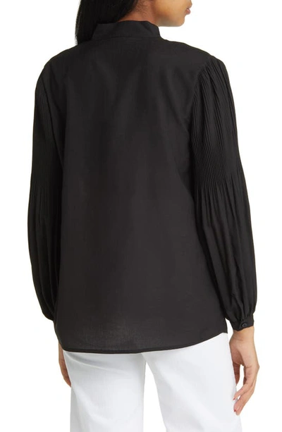 Misook Pleated-sleeve Split-neck Blouse In Black