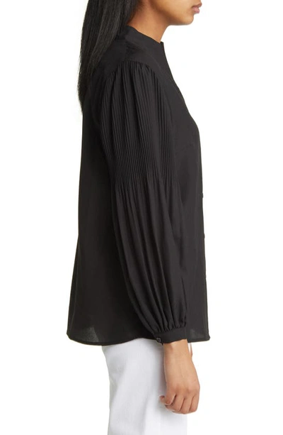 Misook Pleated-sleeve Split-neck Blouse In Black